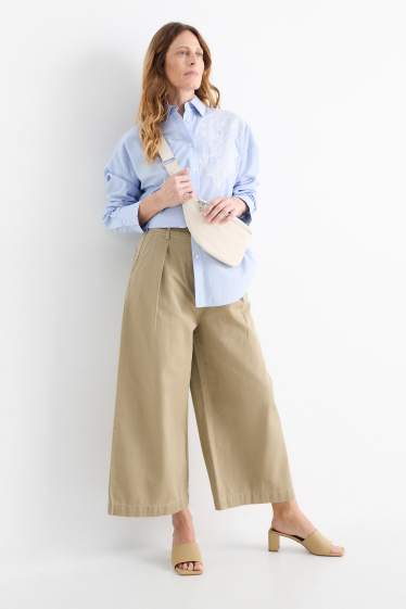 Donna - Pantaloni di stoffa con cintura - vita alta - gamba larga - kaki
