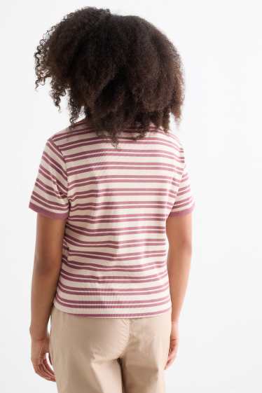 Enfants filles - T-shirt - finition côtelée - à rayures - rose foncé