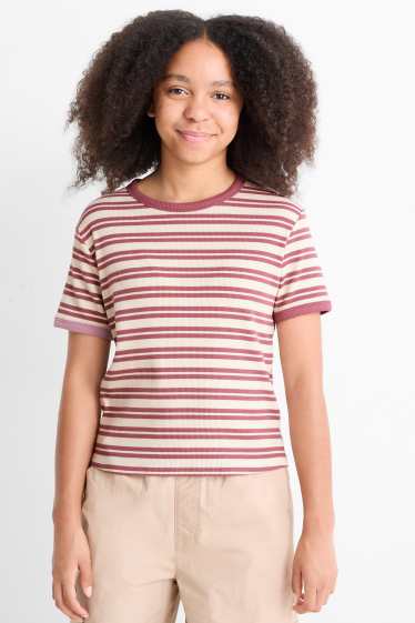 Enfants filles - T-shirt - finition côtelée - à rayures - rose foncé