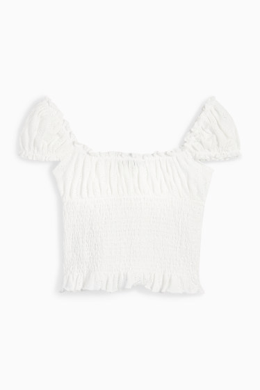 Damen - Crop Top - Broderie Anglaise - gesmokt - weiss
