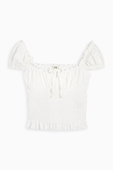 Damen - Crop Top - Broderie Anglaise - gesmokt - weiss