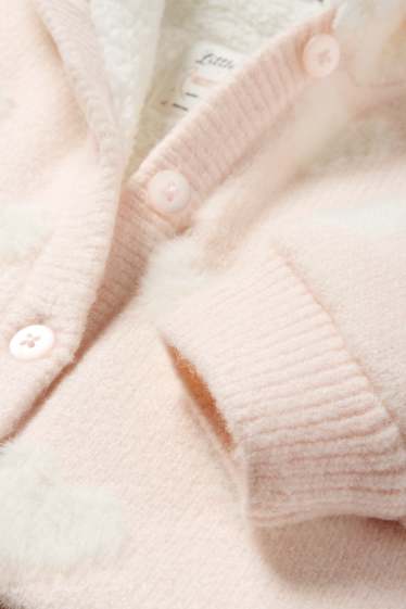 Baby Mädchen - Herzchen - Baby-Strickjacke mit Kapuze - weiss / rosa
