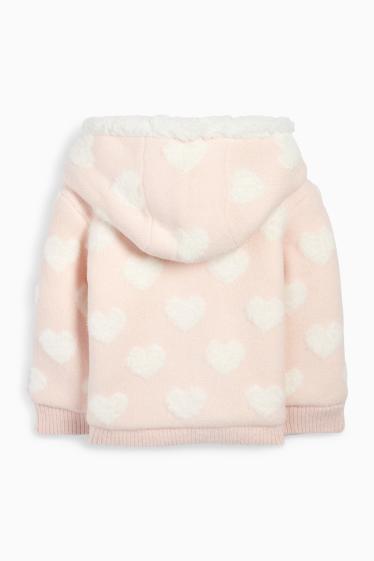 Baby Mädchen - Herzchen - Baby-Strickjacke mit Kapuze - weiss / rosa