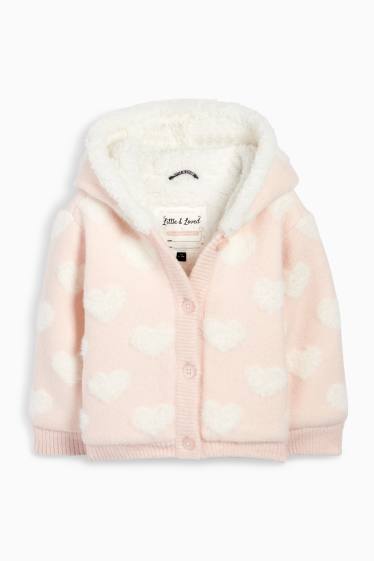 Baby Mädchen - Herzchen - Baby-Strickjacke mit Kapuze - weiss / rosa