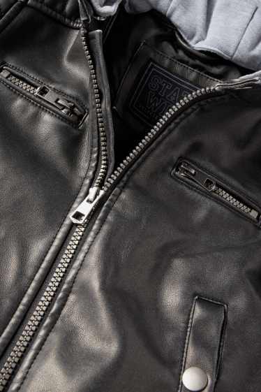 Enfants garçons - Blouson motard à capuche - matière synthétique - noir