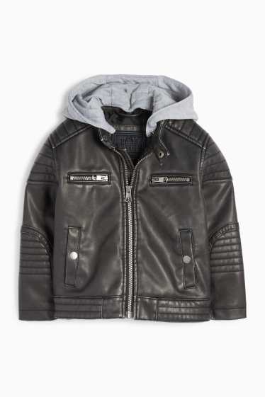 Enfants garçons - Blouson motard à capuche - matière synthétique - noir