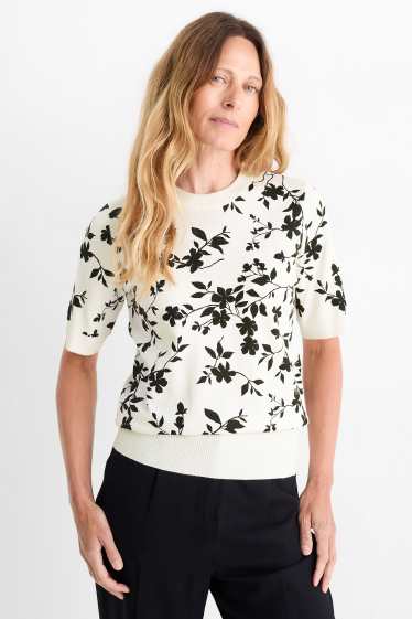 Damen - Strickpullover - kurzarm - geblümt - weiss / schwarz