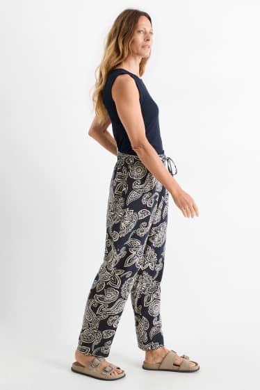 Dames - Pantalon - high waist - tapered fit - met patroon - donkerblauw