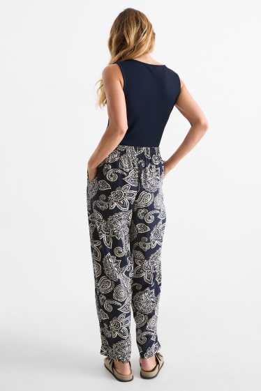 Dames - Pantalon - high waist - tapered fit - met patroon - donkerblauw