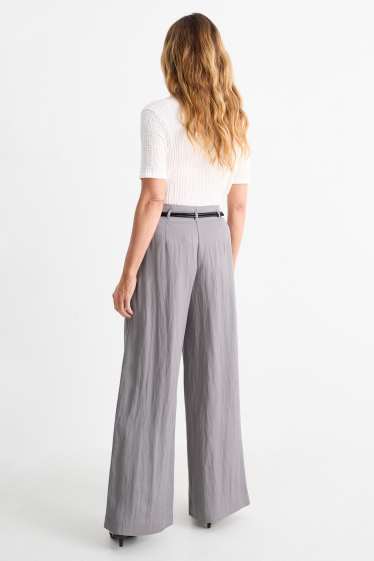 Damen - Stoffhose mit Gürtel - High Waist - Wide Leg - grau