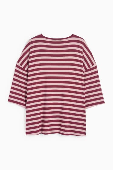 Dames - T-shirt - regular fit - gestreept - roze / donkerrood