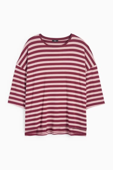 Dames - T-shirt - regular fit - gestreept - roze / donkerrood