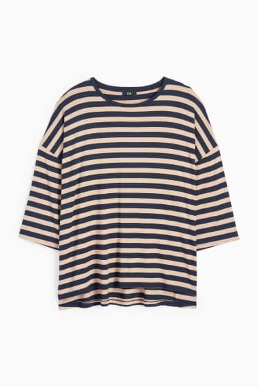 Dames - T-shirt - regular fit - gestreept - blauw / beige