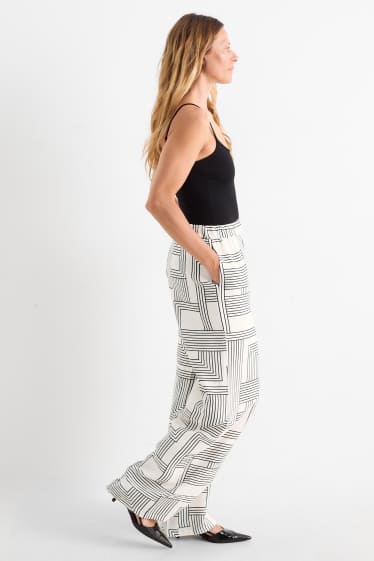 Dames - Pantalon - high waist - wide leg - met patroon - wit / zwart