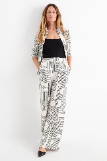 Dames - Pantalon - high waist - wide leg - met patroon - wit / zwart