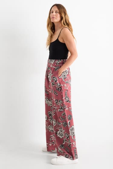 Damen - Stoffhose - High Waist - Wide Leg - geblümt - bordeaux