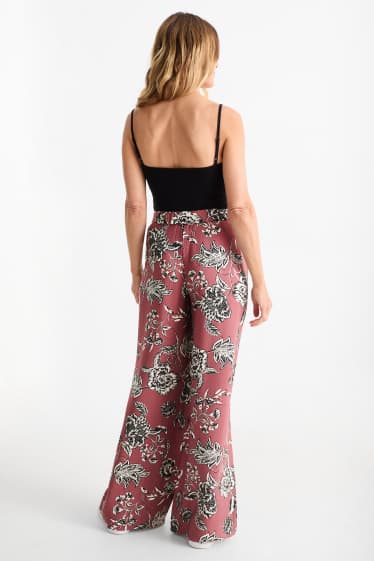 Damen - Stoffhose - High Waist - Wide Leg - geblümt - bordeaux