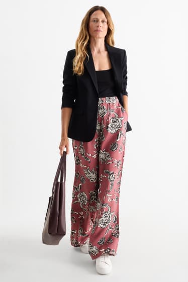 Damen - Stoffhose - High Waist - Wide Leg - geblümt - bordeaux