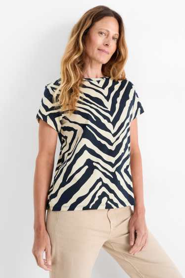 Women - Basic T-shirt - regular fit - patterned - blue / beige