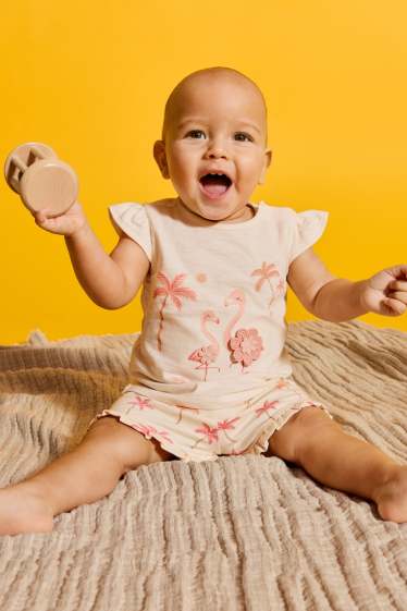 Bébés filles - Flamand rose et palmier - tenue pour bébé - 2 pièces - blanc crème