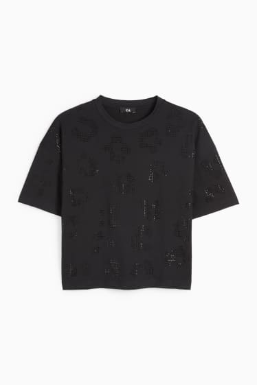 Femei - Tricou cu ștrasuri - regular fit - negru