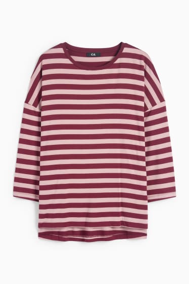 Dames - Basic longsleeve - gestreept - roze / donkerrood