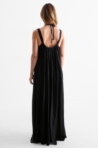 Dames - Jurk met V-hals - linnenmix - zwart