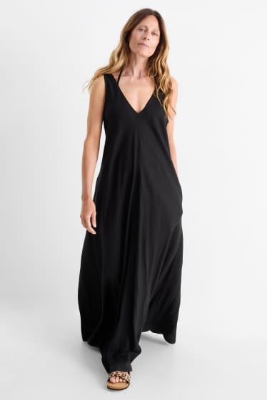 Dames - Jurk met V-hals - linnenmix - zwart