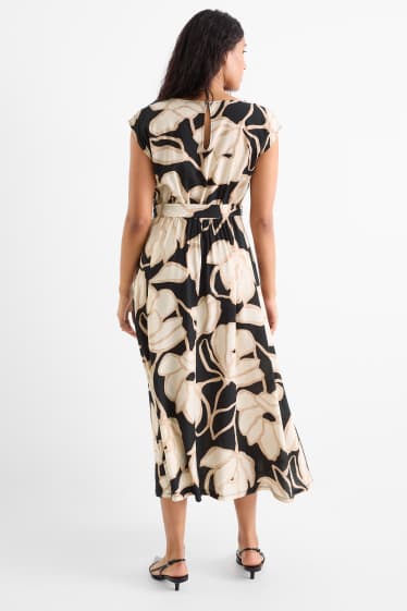 Dames - Jurk - straight fit - gebloemd - zwart / beige