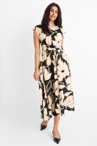 Dames - Jurk - straight fit - gebloemd - zwart / beige