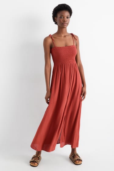 Damen - A-Linien Kleid - gesmokt - dunkelrot