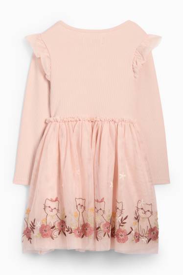 Kinder Mädchen - Blume und Katze - Kleid - gerippt - rosa