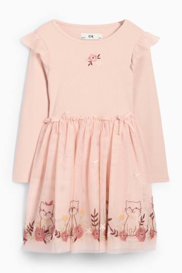 Kinder Mädchen - Blume und Katze - Kleid - gerippt - rosa