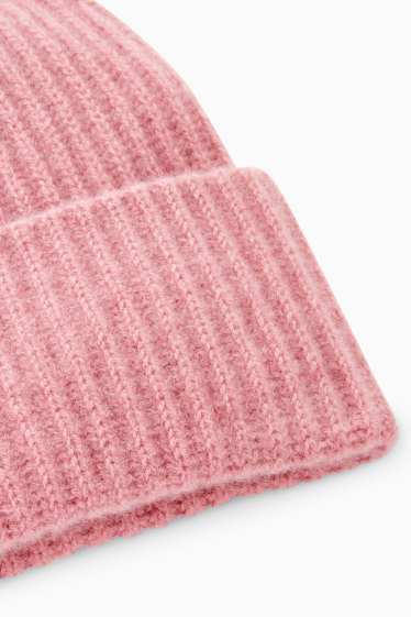 Dámské - Kašmírová čepice beanie - žebrovaná - tmavě růžová