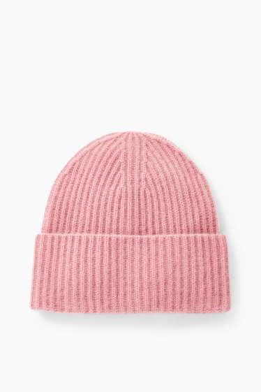 Dámské - Kašmírová čepice beanie - žebrovaná - tmavě růžová