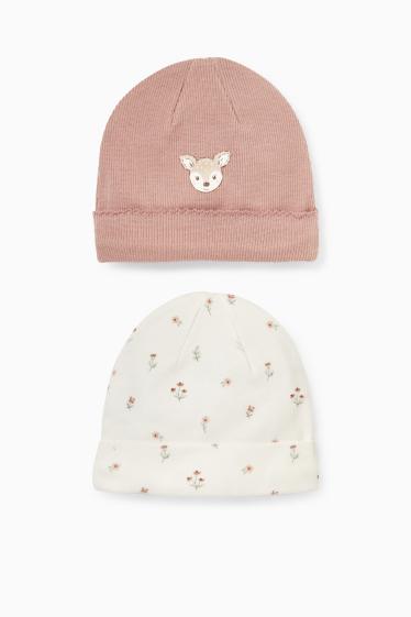 Baby Mädchen - Multipack 2er - Blümchen und Rehkitz - Baby-Beanie - cremeweiss