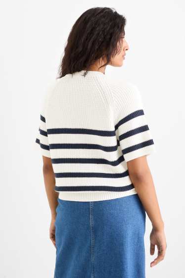 Dames - Gebreide trui - korte mouwen - geribd - gestreept - wit / blauw