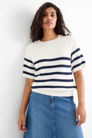 Dames - Gebreide trui - korte mouwen - geribd - gestreept - wit / blauw