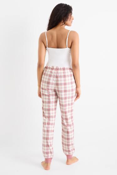 Dames - Flanellen pyjamabroek - geruit - wit / roze