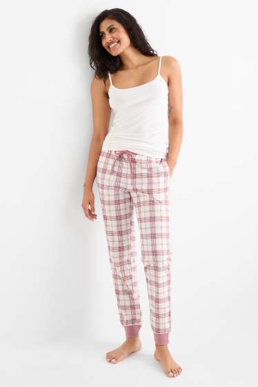 Dames - Flanellen pyjamabroek - geruit - wit / roze