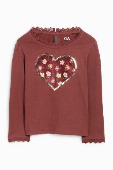 Kinder Mädchen - Blume und Herz - Langarmshirt - dunkelbraun