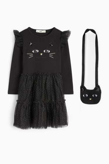 Kinder Mädchen - Katze - Set - Kleid und Tasche - 2 teilig - schwarz