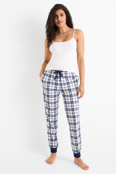 Dames - Flanellen pyjamabroek - geruit - donkerblauw / wit