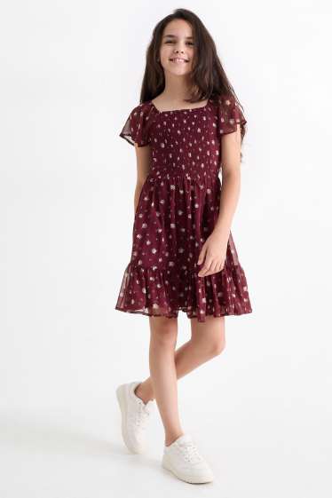 Kinderen: meisjes - Jurk van chiffon - gebloemd - bordeaux