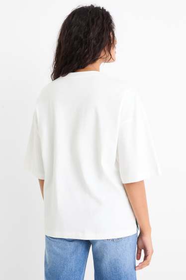 Dámské - Tričko se štrasovými kamínky - oversized - bílá