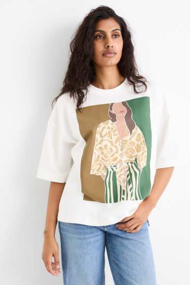 Dámské - Tričko se štrasovými kamínky - oversized - bílá
