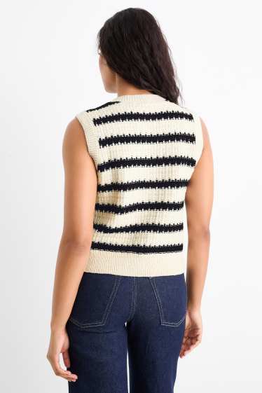 Women - Knitted waistcoat - striped - textured - black / white