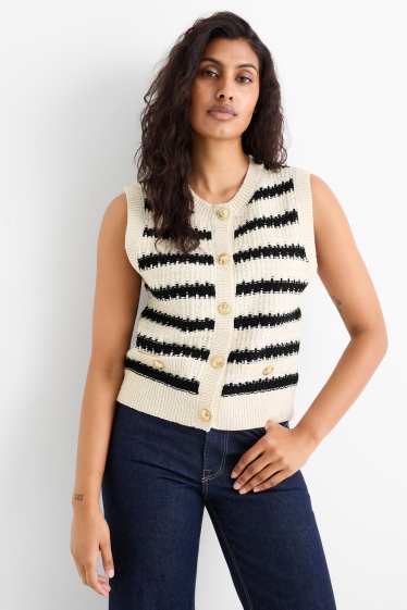 Women - Knitted waistcoat - striped - textured - black / white