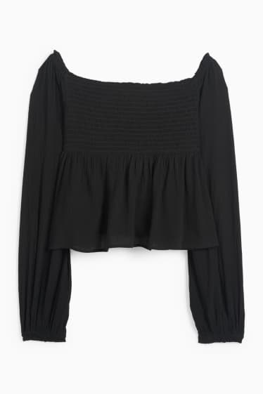 Damen - Crop Bluse - gesmokt - schwarz