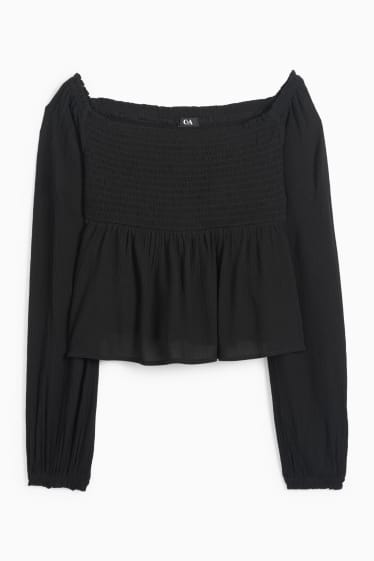 Damen - Crop Bluse - gesmokt - schwarz